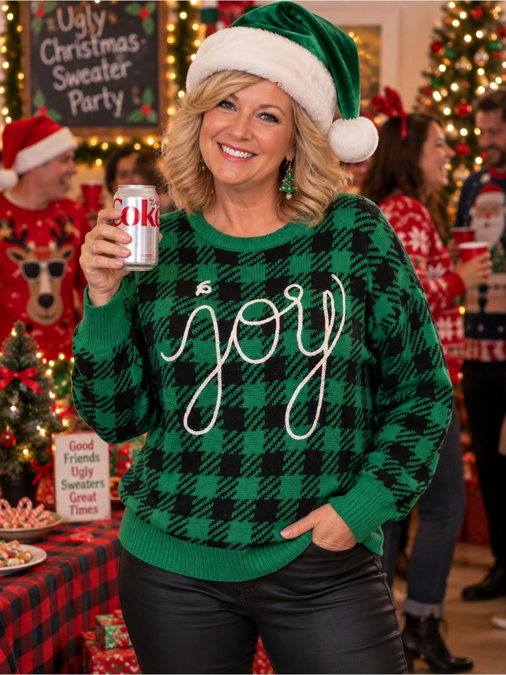Ugly Christmas Sweater Joyland Green Joy Buffalo Plaid Metallic Woman’s Sz L